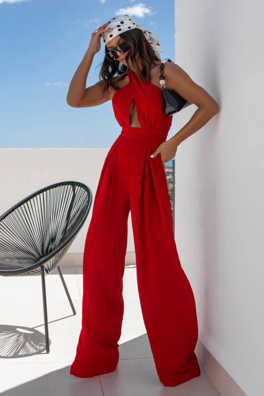 Halter-Neck Wide-Leg Keyhole Jumpsuit