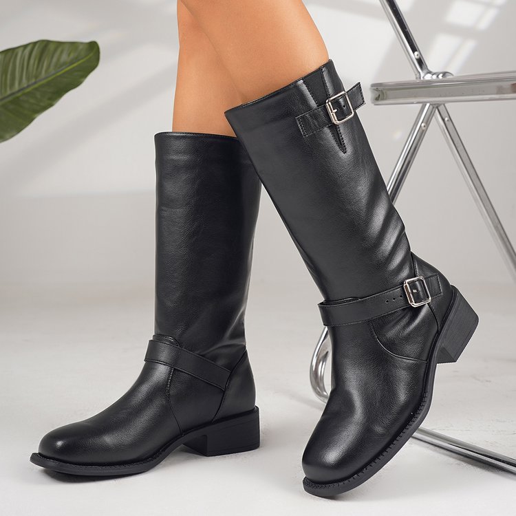 Women's Plus-Size Chunky Heel Zipper Thigh-High Boots – Synthetic Leather Over-the-Knee Boots