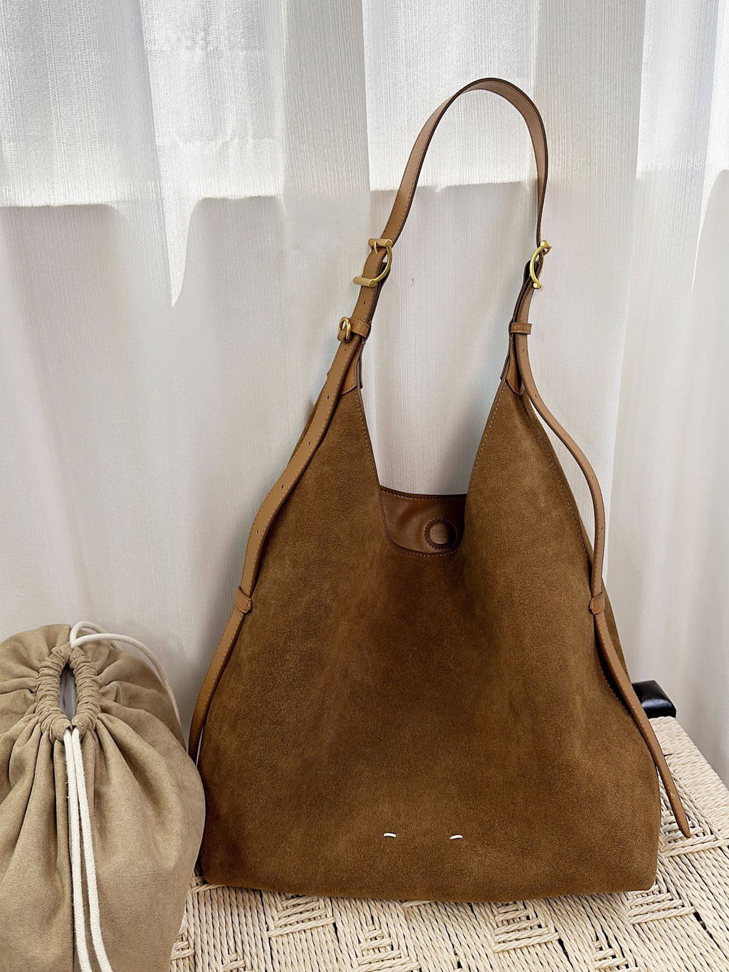 Women's Suede Bucket Shoulder Bag – Genuine Leather Drop-Ear Handbag with Patchwork Detail