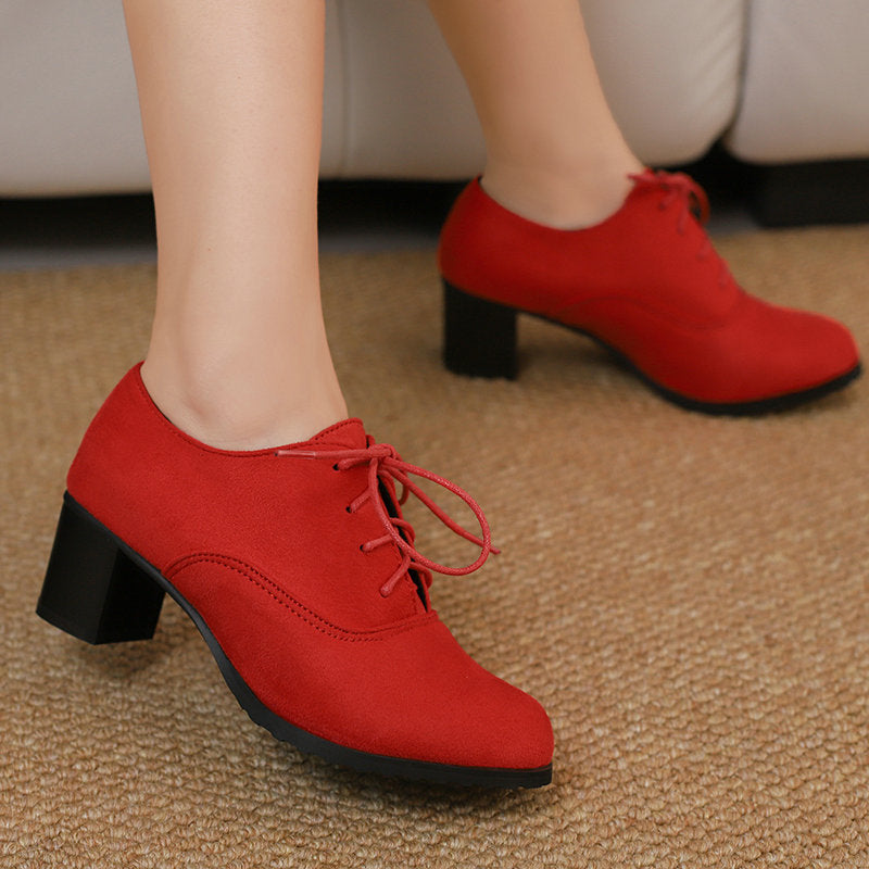 Women's Round Toe Chunky Heel Lace-Up Shoes - Suede Matte Finish High Heels