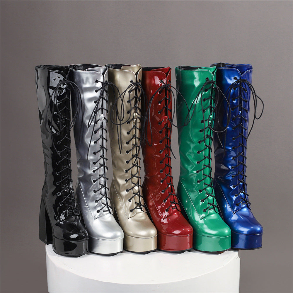 Women's Patent Leather Over-the-Knee Boots | Chunky Heel Round Toe Side Zipper