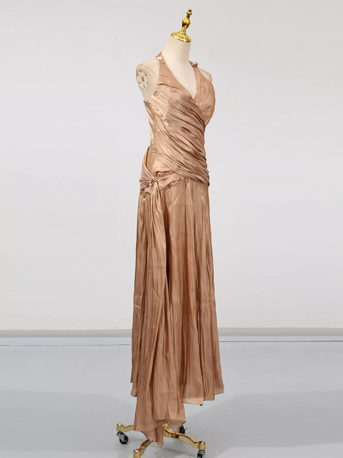 Champagne Ruched Halter-Neck Maxi Dress