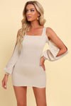 Square-neck split-sleeve fitted mini dress