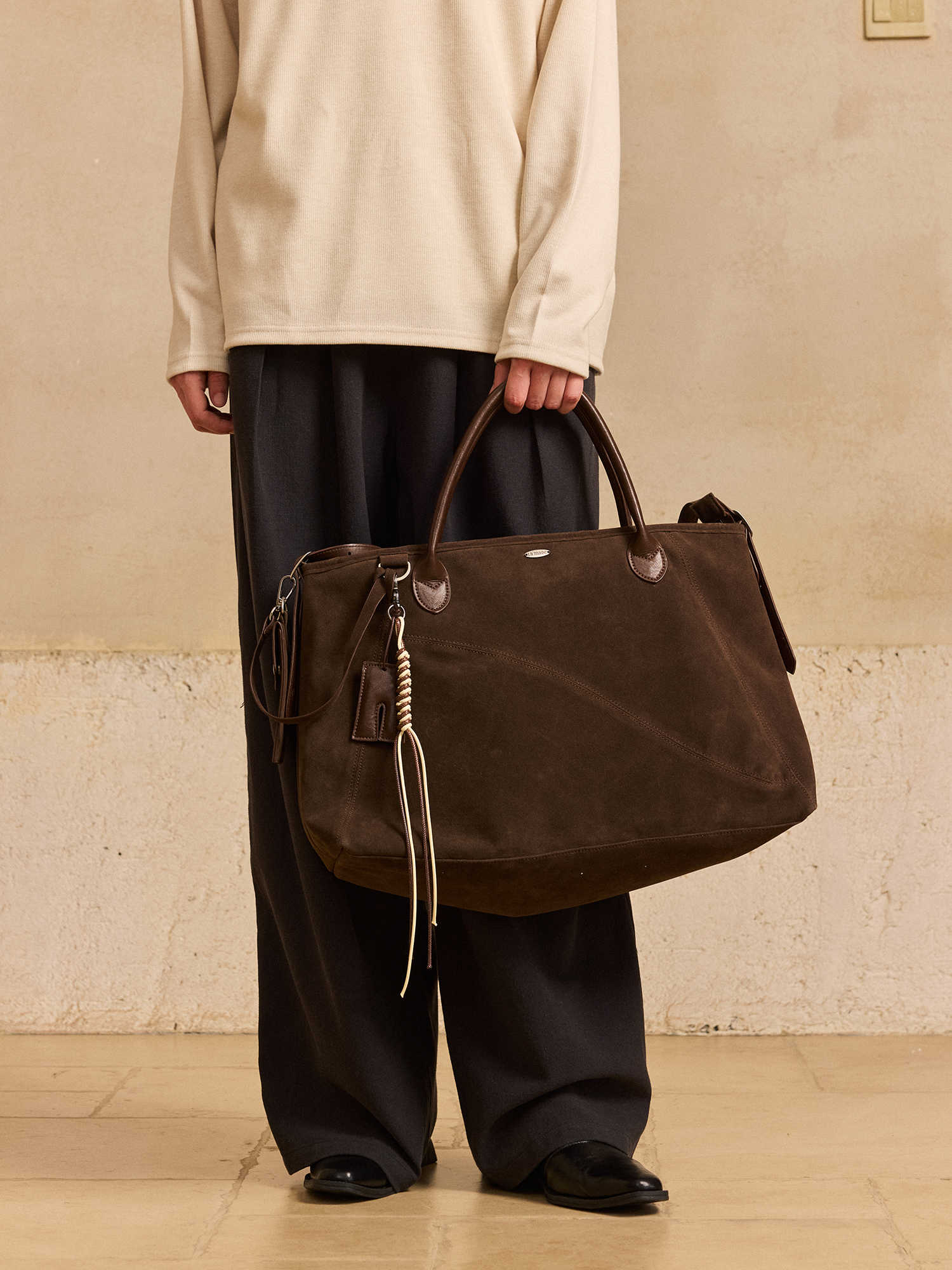 Premium Suede Travel Tote Bag - Diagonal Shoulder Handbag Brown