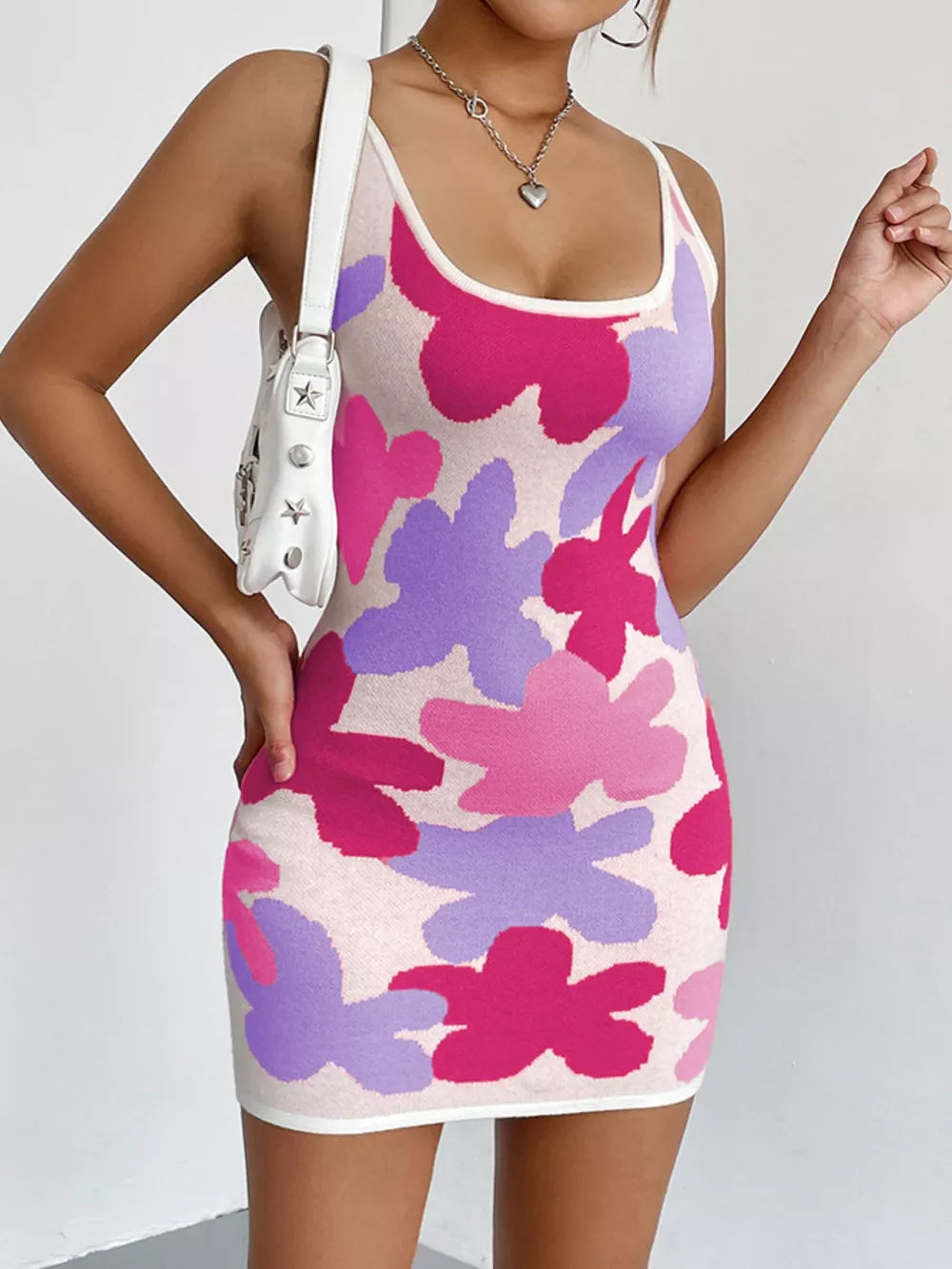 Floral Ribbed Knit Scoop-Neck Mini Dress
