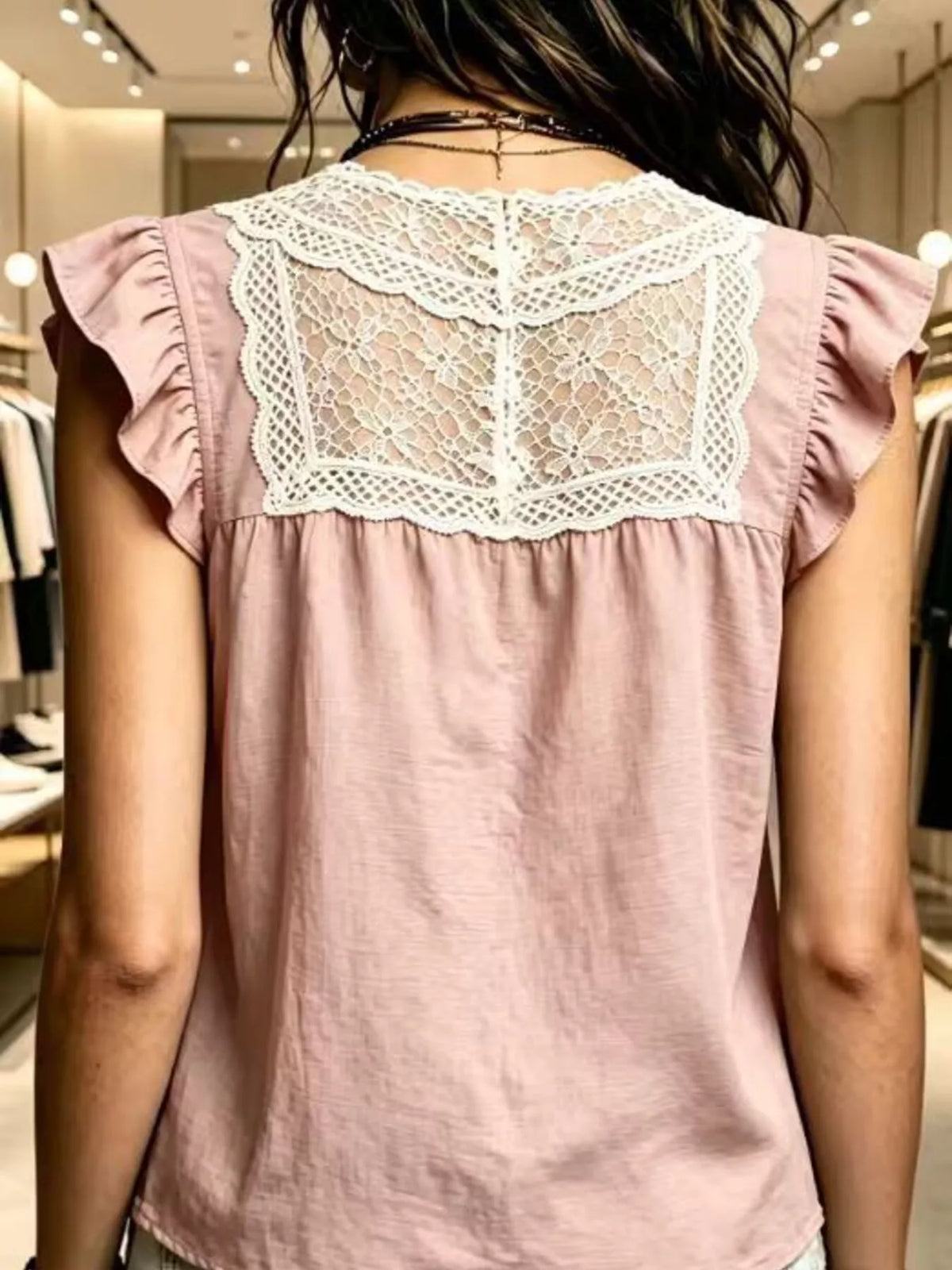 Lace-Trim Ruffle-Sleeve Blouse