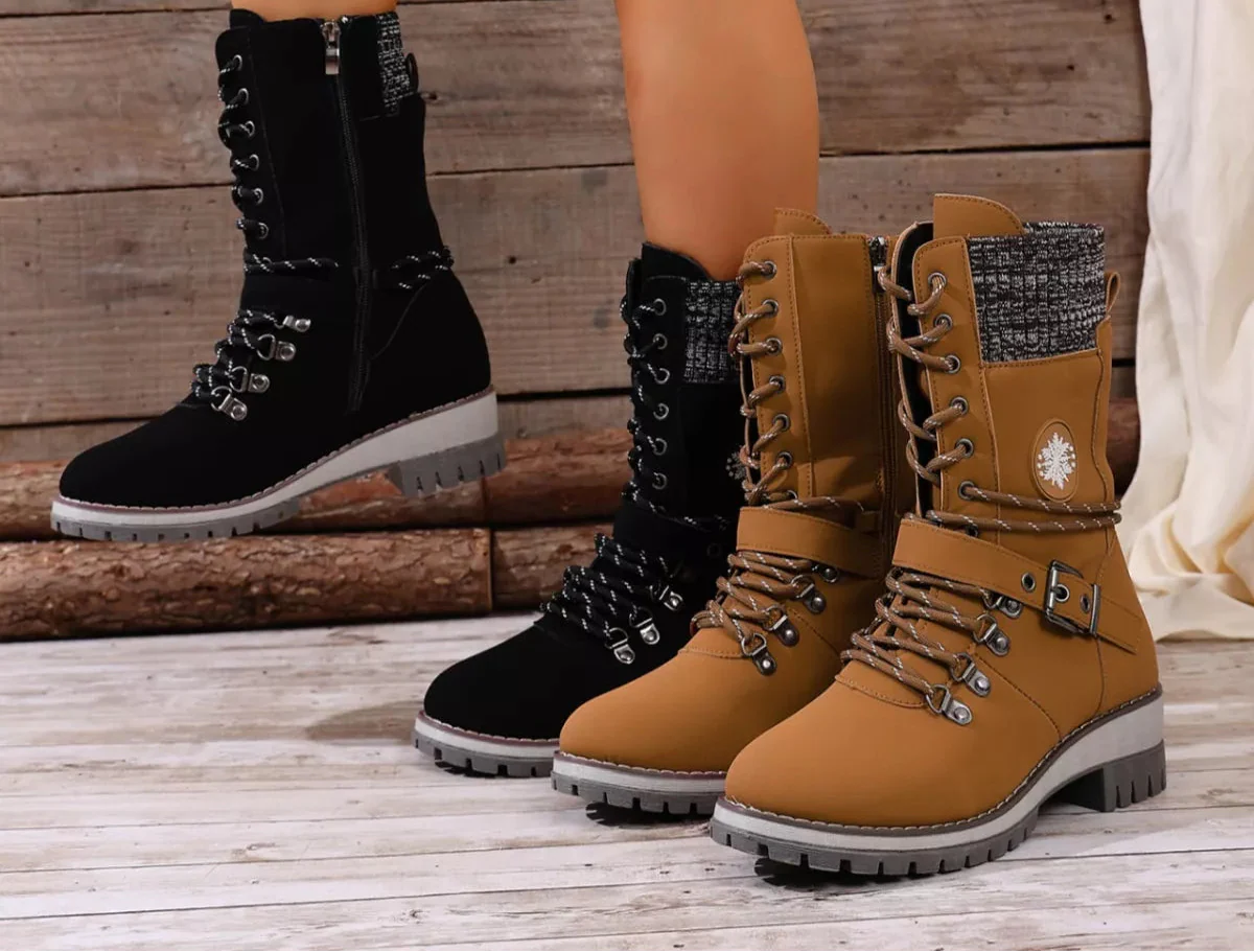 Women's Lace-Up Ankle Combat Boots – PU Leather Low Heel Military Style