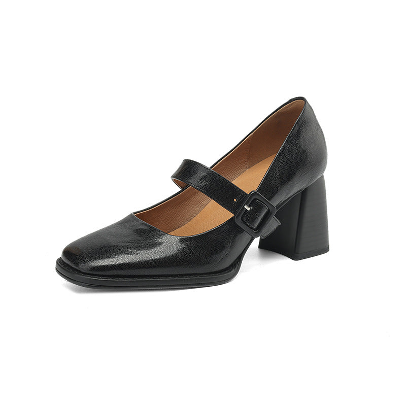 Women's Sheepskin Mary Jane Heels – Chunky Heel Buckle Strap Square Toe Shoes