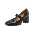 Women's Sheepskin Mary Jane Heels – Chunky Heel Buckle Strap Square Toe Shoes