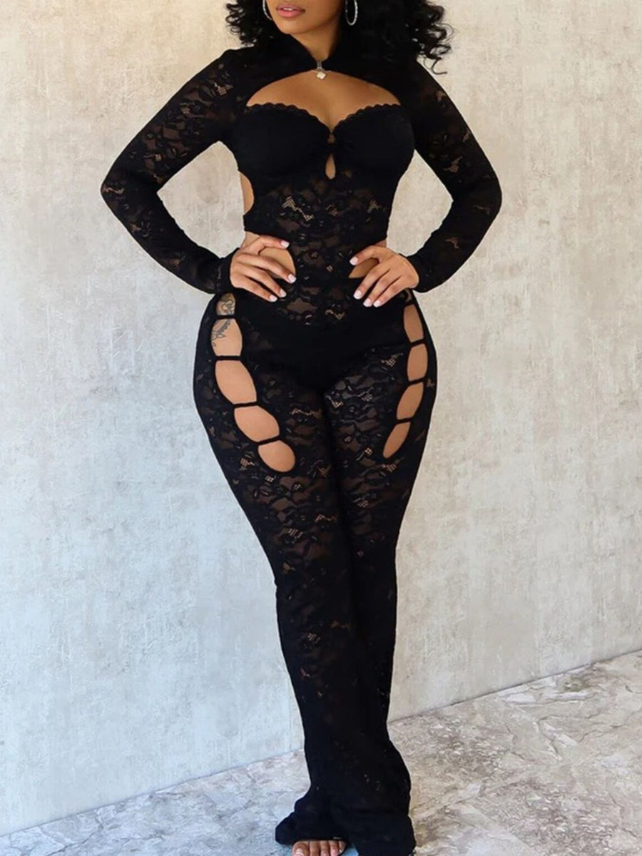 Black Sheer Lace Cutout Long-Sleeve Jumpsuit