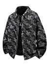 Men’s geometric-patterned denim jacket in black.