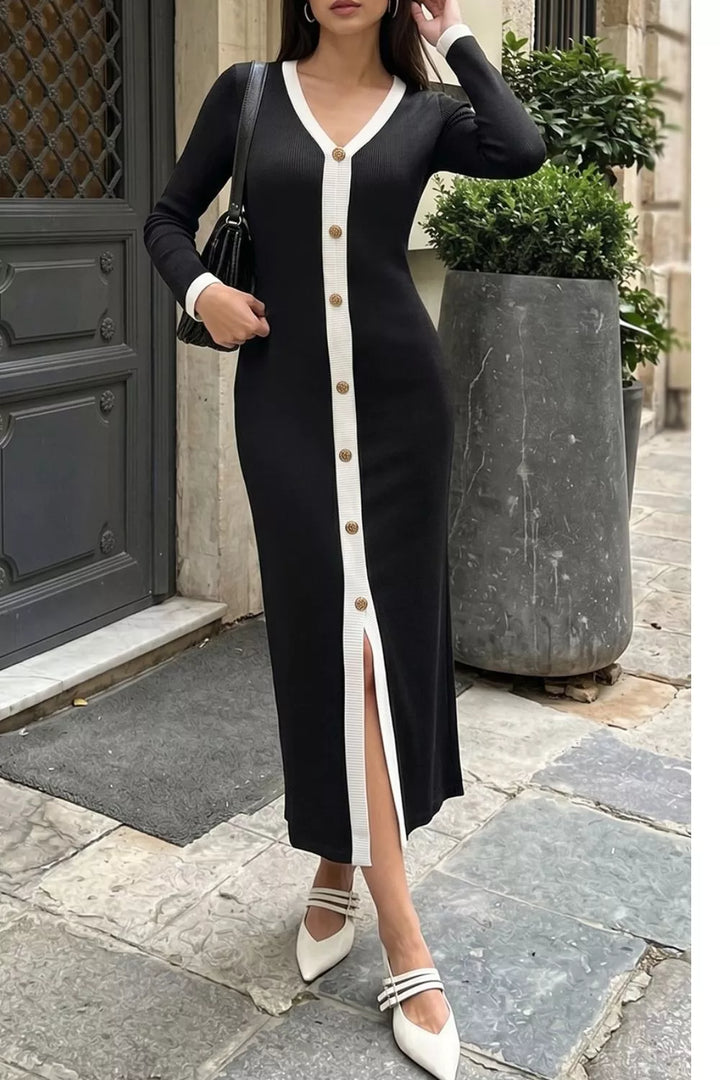 Black contrast-trim V-neck buttoned maxi dress