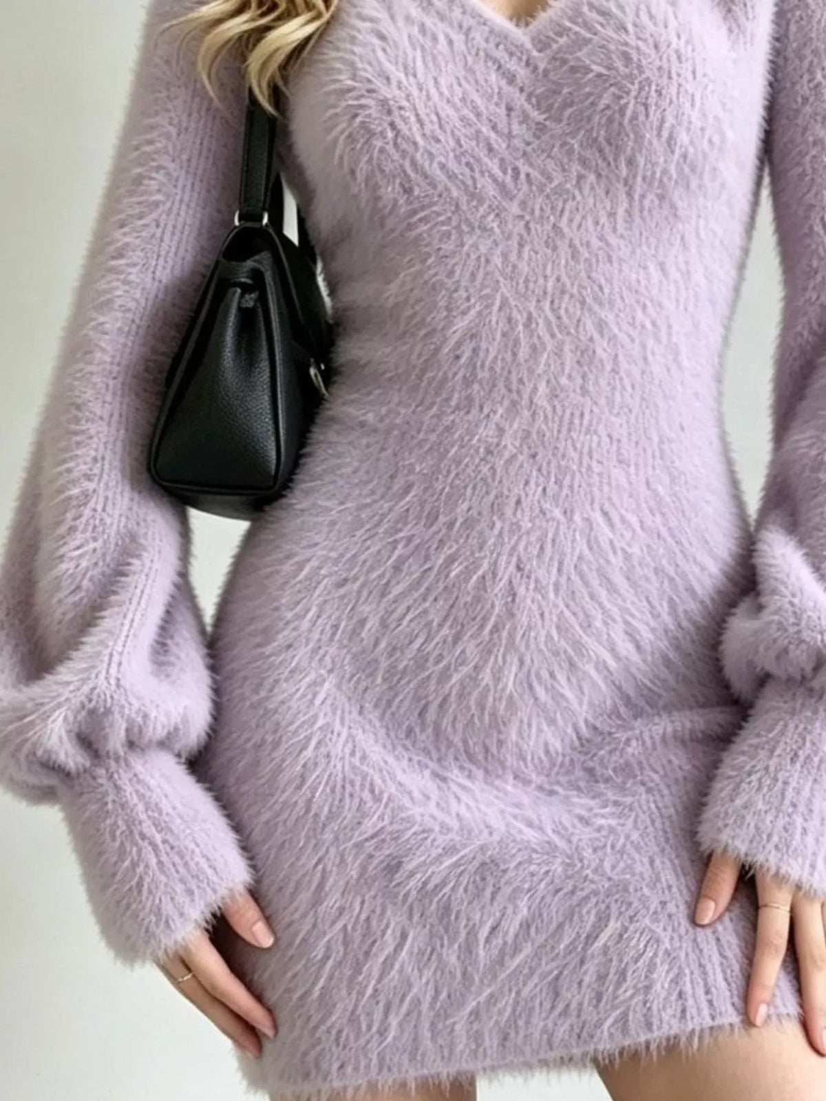 Fuzzy V-Neck Long-Sleeve Sweater Dress — photo 15