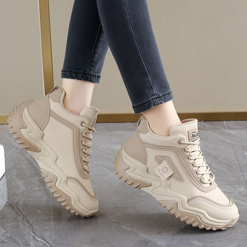 Korean Style Women's Casual High-Top Dad Shoes | Lace-Up Synthetic Leather Sneakers