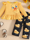 Yellow baby duck-print long-sleeve top and pants set