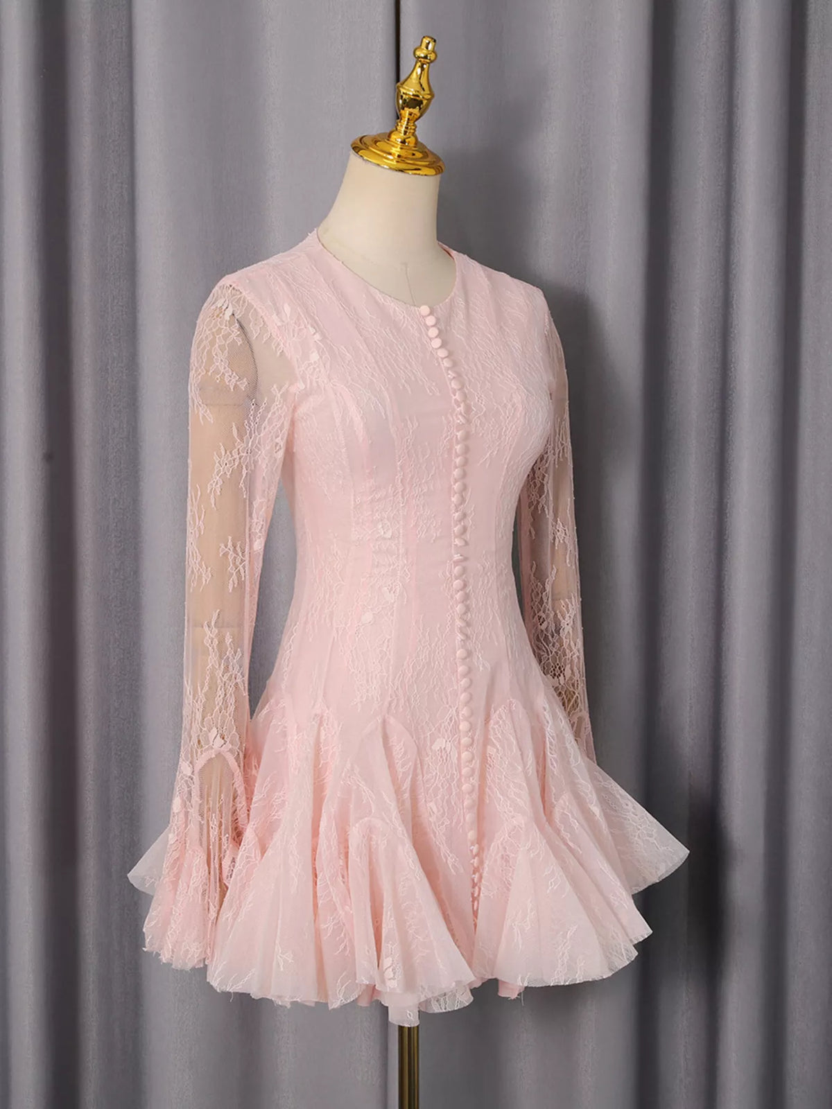 Pink Lace Flare-Sleeve Mini Dress
