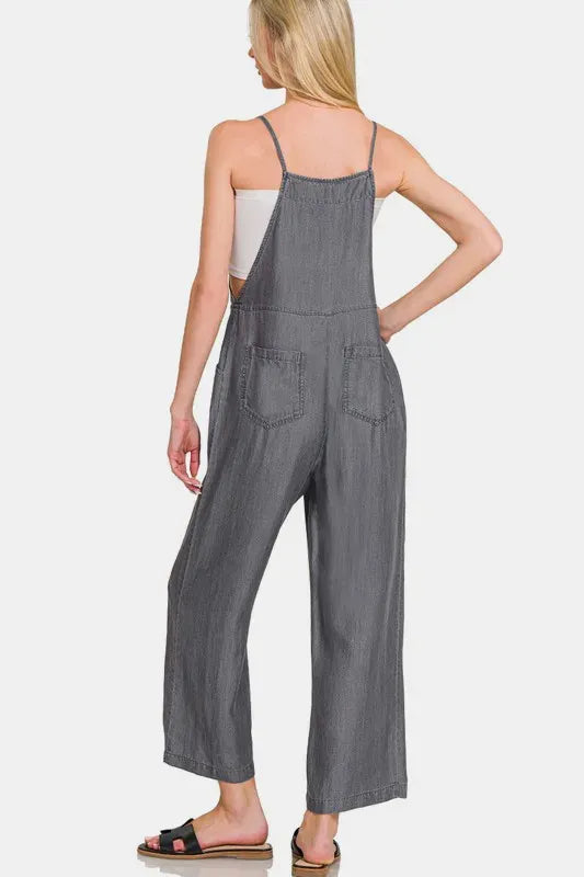 Another view: Washed Adjustable Strap Wide Leg Denim Overalls