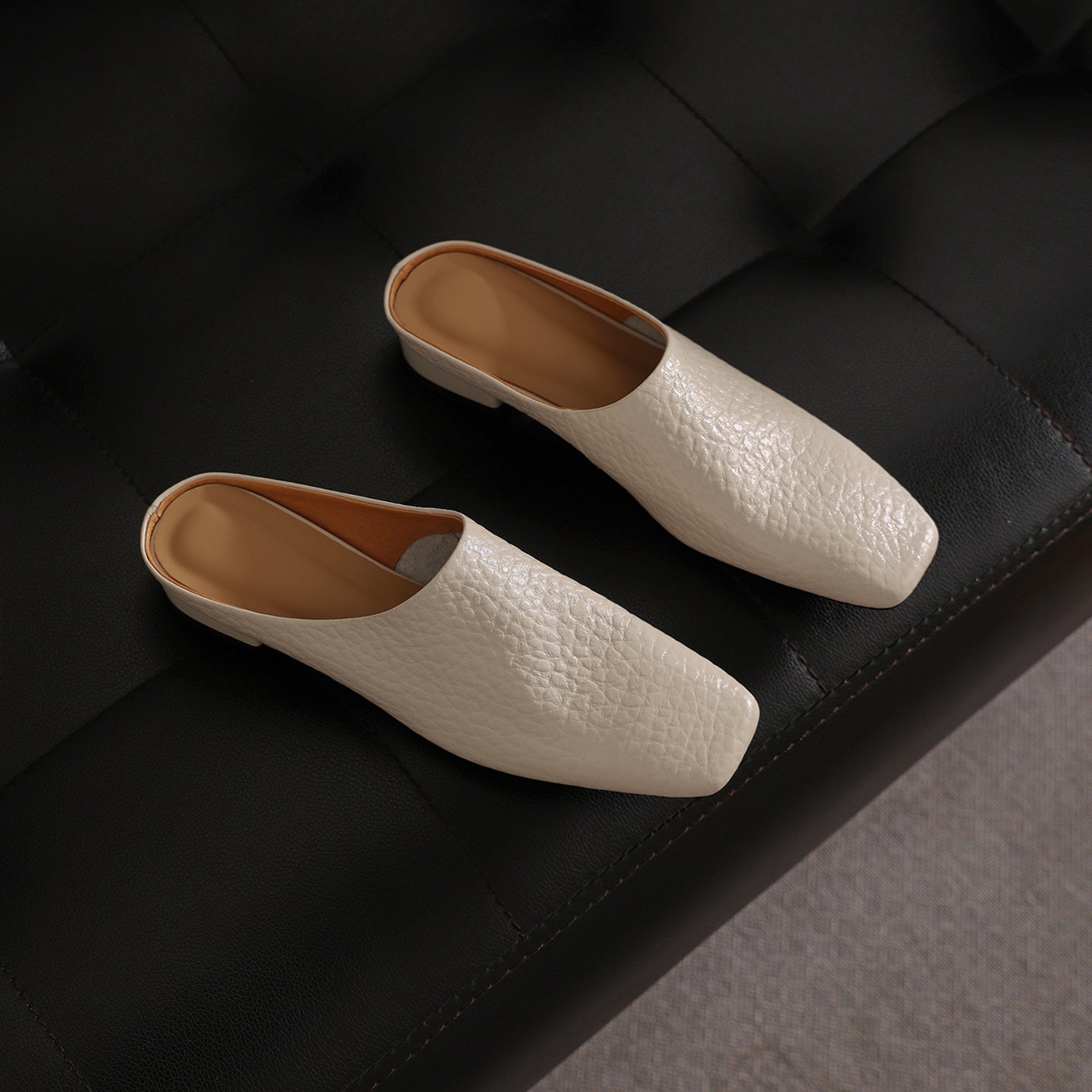 Women's Square Toe Cowhide Mules | Low Block Heel Slip-On Backless Shoes