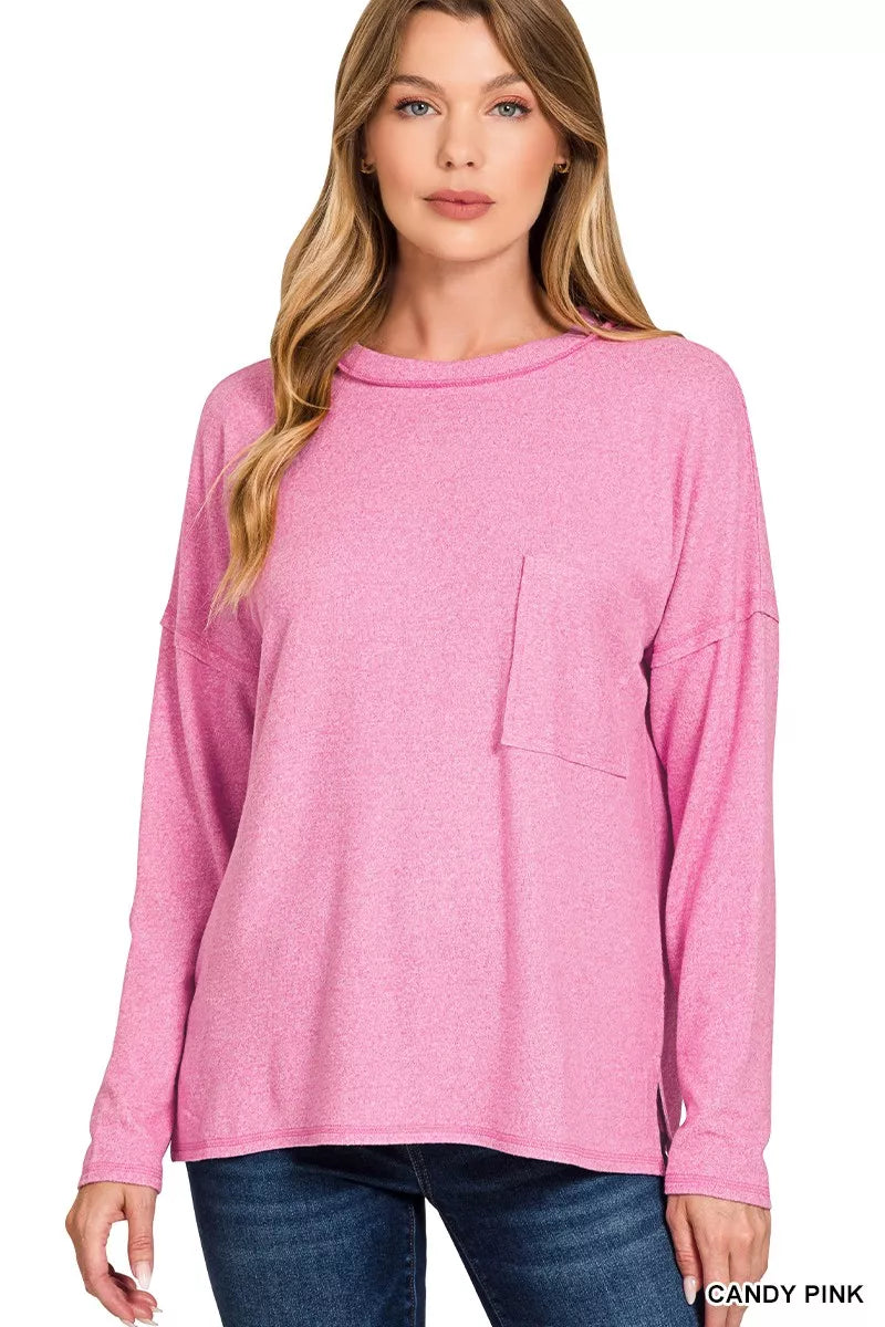 Soft Melange Hacci Round-Neck Long Sleeve T-Shirt — CANDY PINK