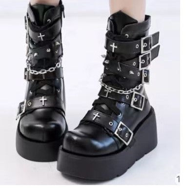 Women's Chunky Round-Toe Dr Martens Style Platform Boots | Side Zipper Wedge Heel