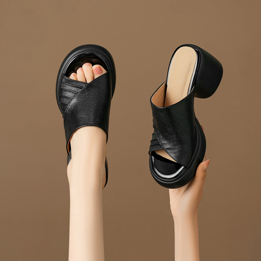 Women's Ruched Block Heel Slides | Open-Toe Lambskin Leather Mules