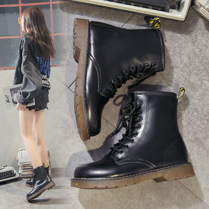 Women's Chunky Lace-Up Dr Martens-Style Boots – Round Toe, Mid-Heel, Black PU Leather