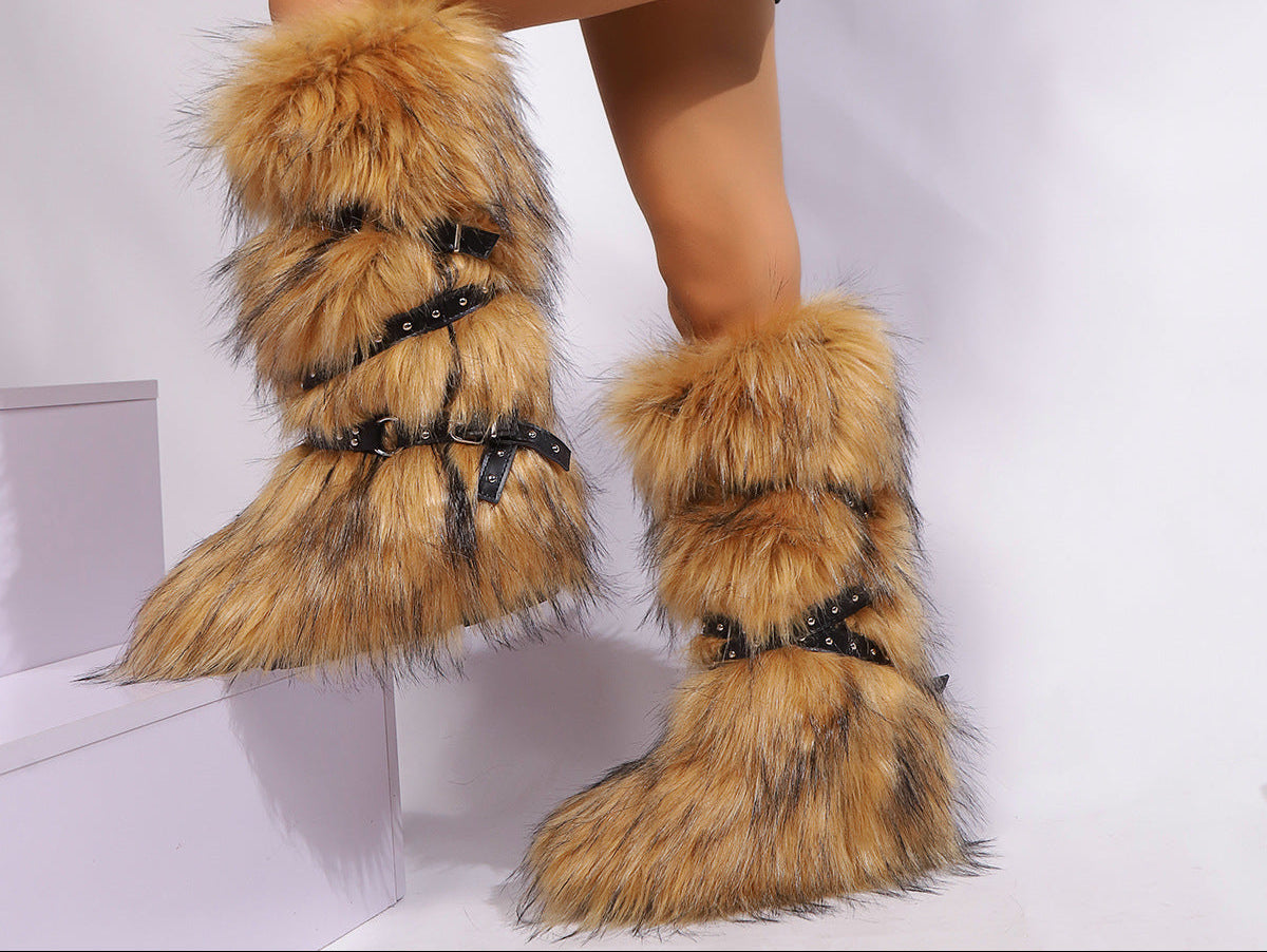 Women's Fur-Lined Mid-Calf Snow Boots | Cross-Strap Buckle | Slip-On Winter Boots