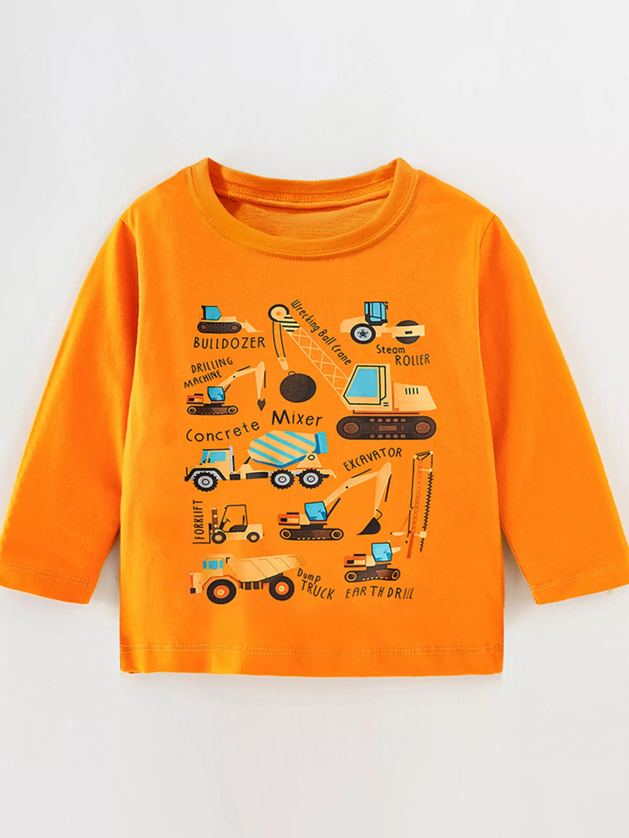 Kids’ Construction Vehicle Long-Sleeve Cotton T-Shirt — Tangerine