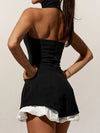 Black contrast-ruffle halter romper