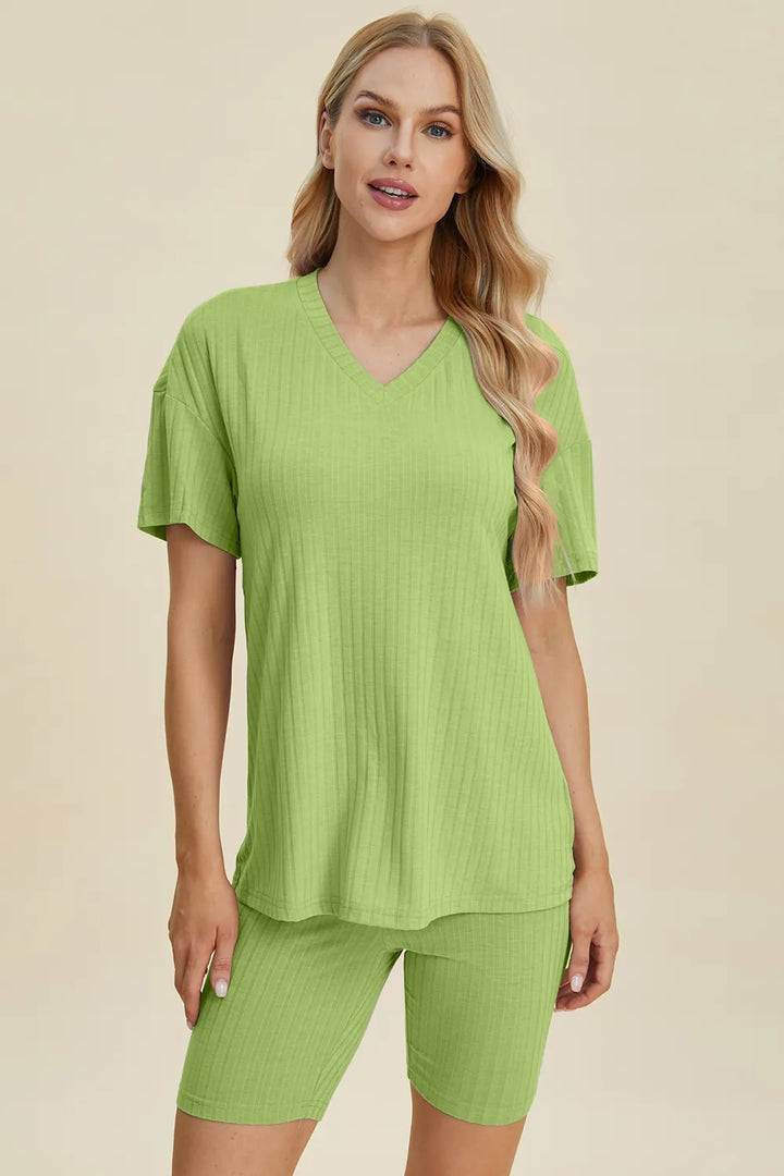 Yellow-green ribbed V-neck top and shorts set