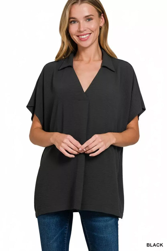 Another view: Woven Airflow Collared Short Sleeve Top