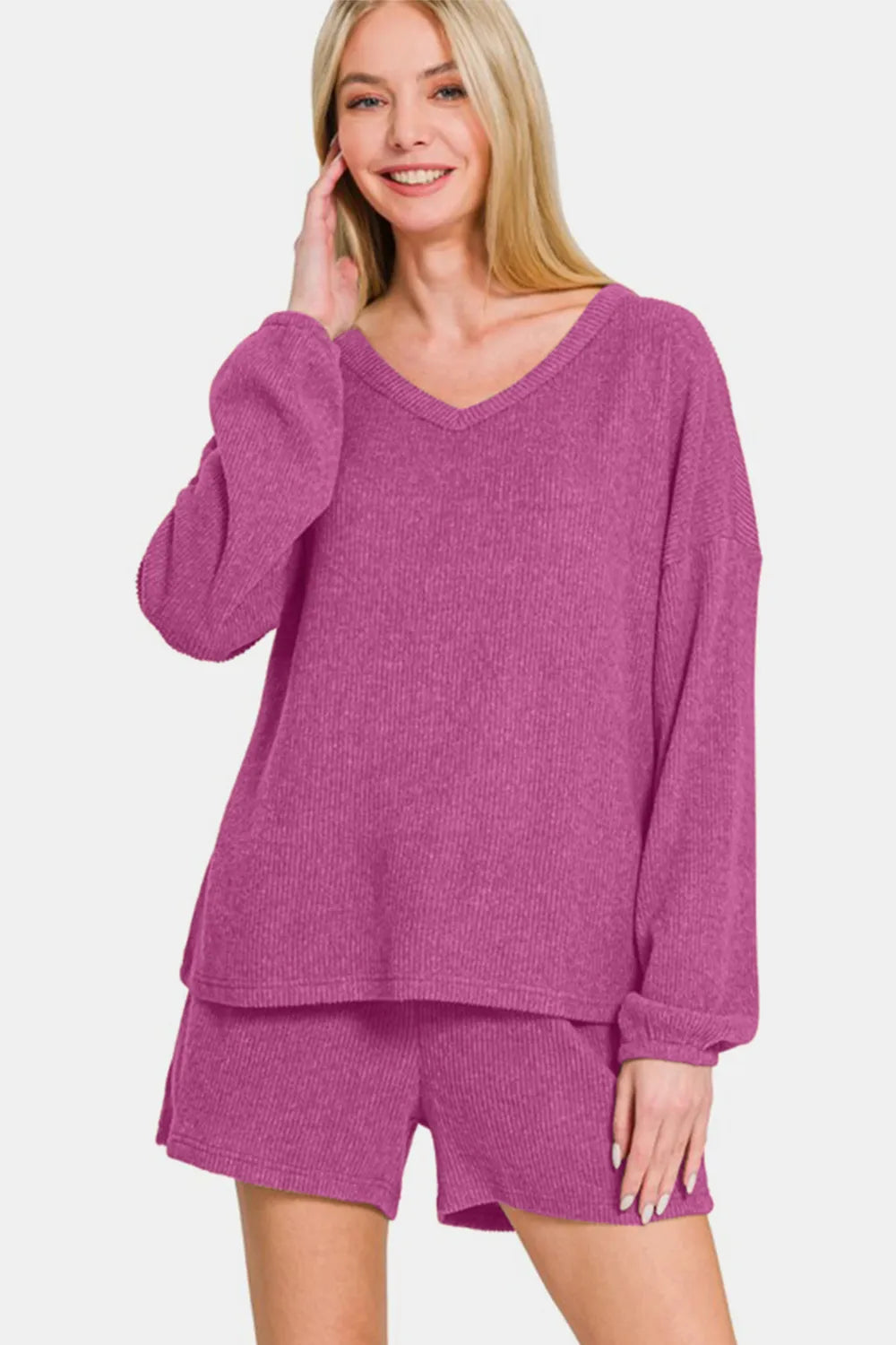 V-Neck Long Sleeve Ribbed Top and Shorts Set — Red-Violet