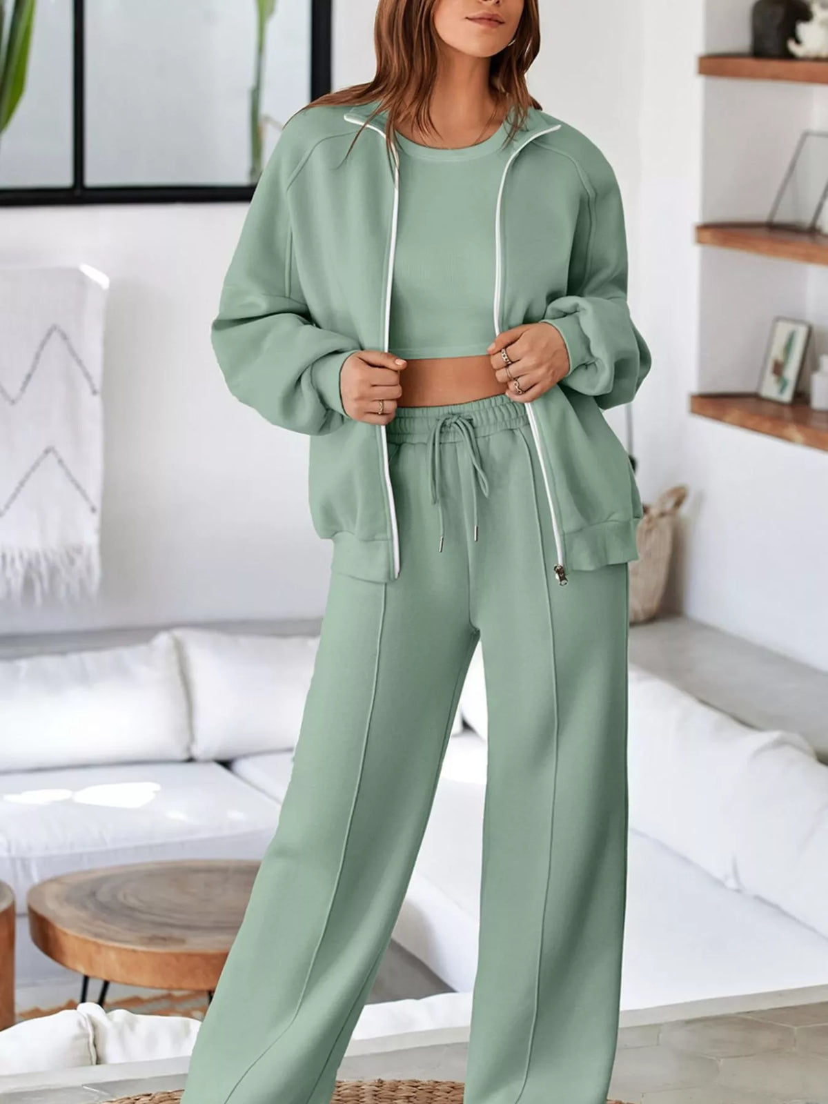 Drop Shoulder Zip-Up Jacket & Drawstring Pants Active Set