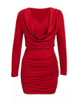 Red ruched cowl-neck long-sleeve mini dress, front view