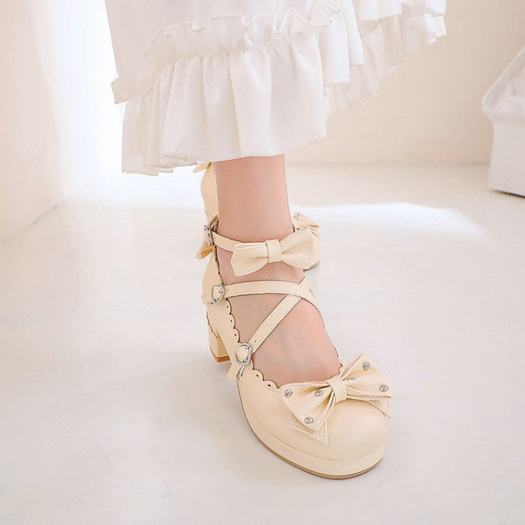 Women's Retro Cute Bow-Clasp Chunky Heel Pumps | Round Toe Block Heels