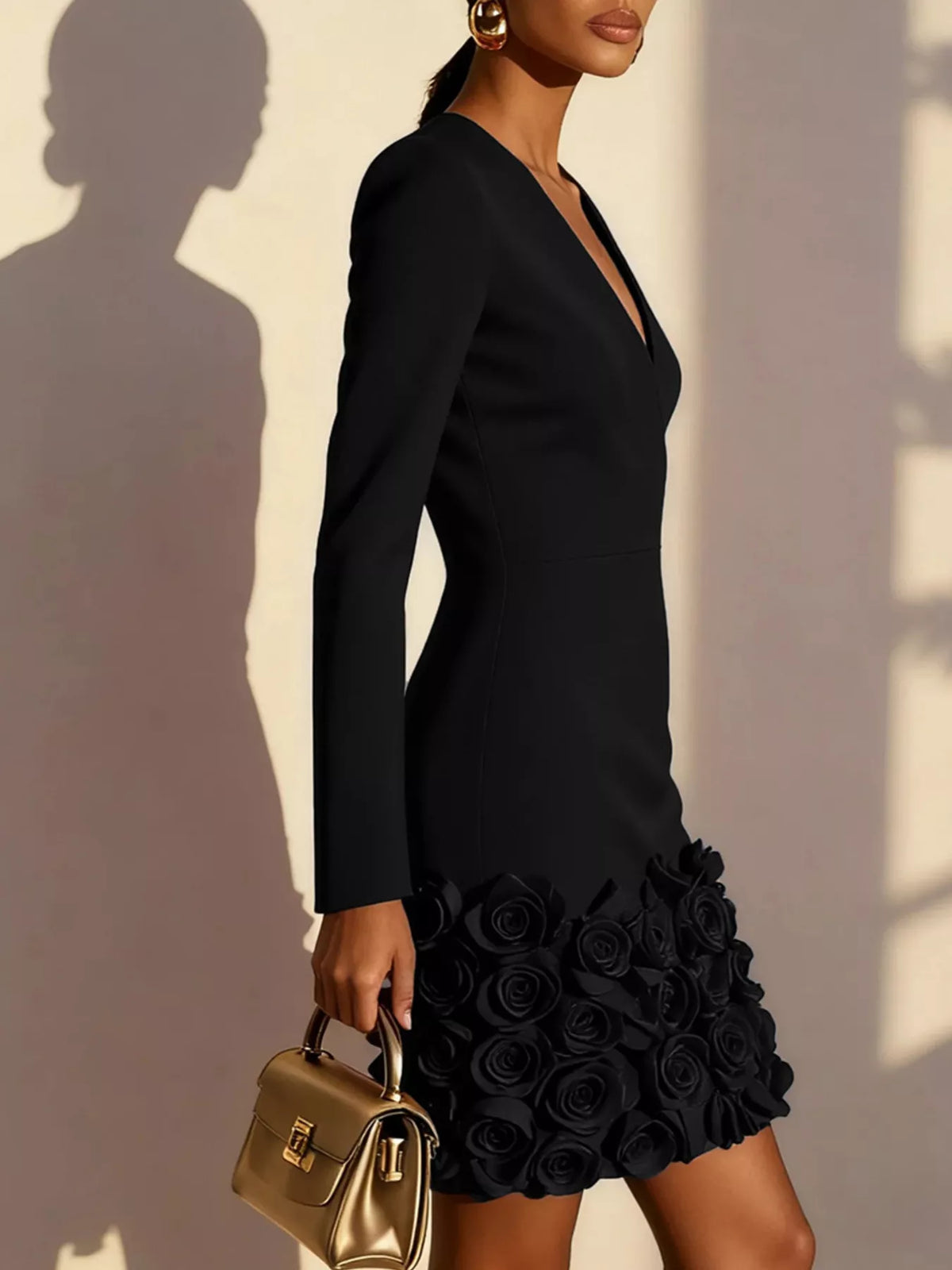 V-Neck Rosette-Hem Mini Dress