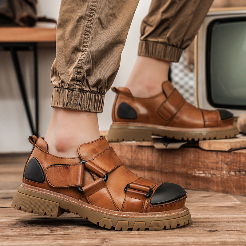 Men's Vintage Work Boots - Full-Grain Cowhide Leather Round Toe Low-Cut Design