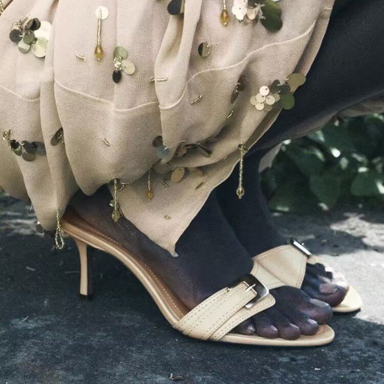 Women's Mid-Heel Peep Toe Sandals – PU Leather Casual Outdoor Sandals in Black & Apricot