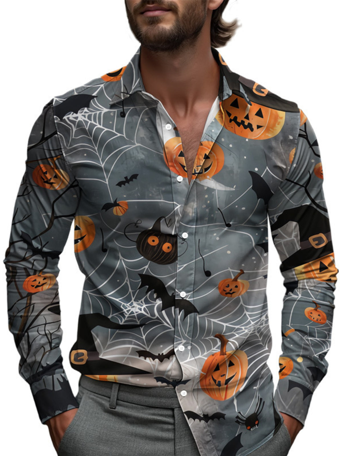 Men's Plus Size Halloween Print Button-Down Shirt