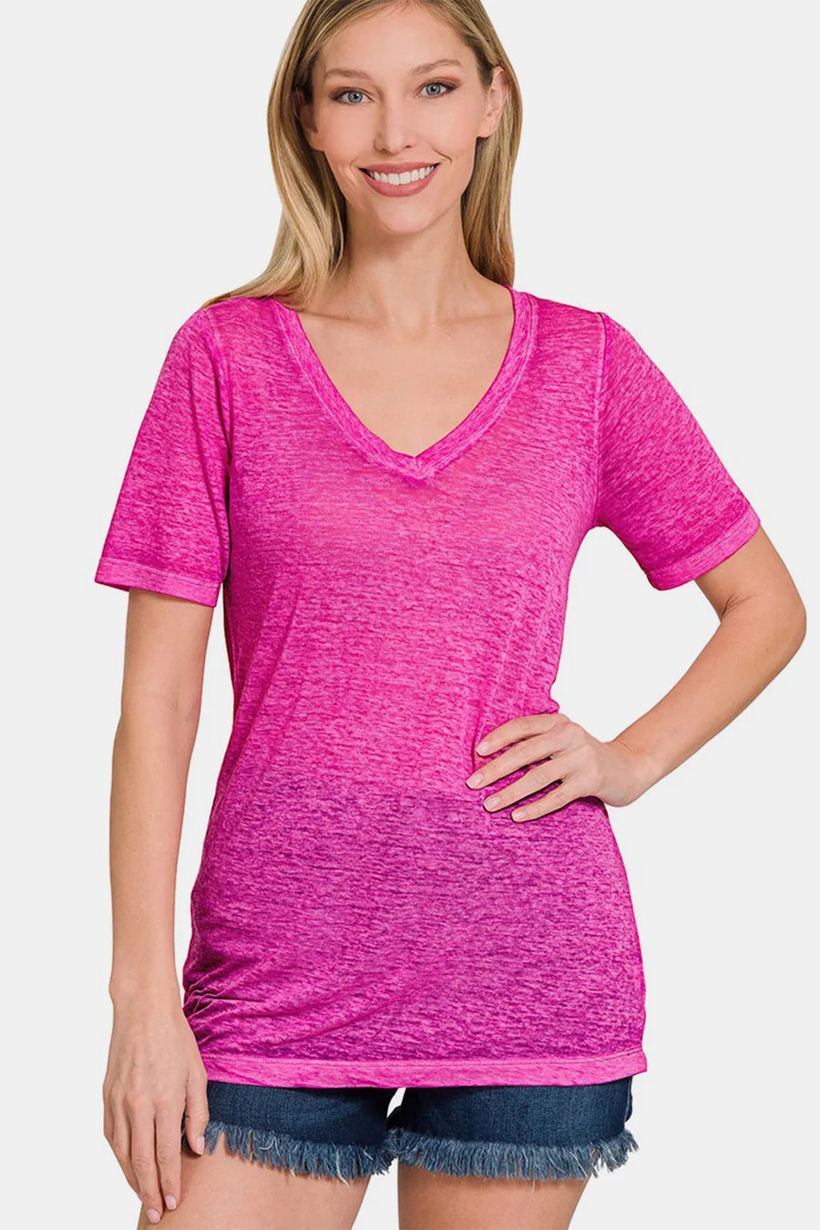 V-Neck Short Sleeve T-Shirt — Hot Pink