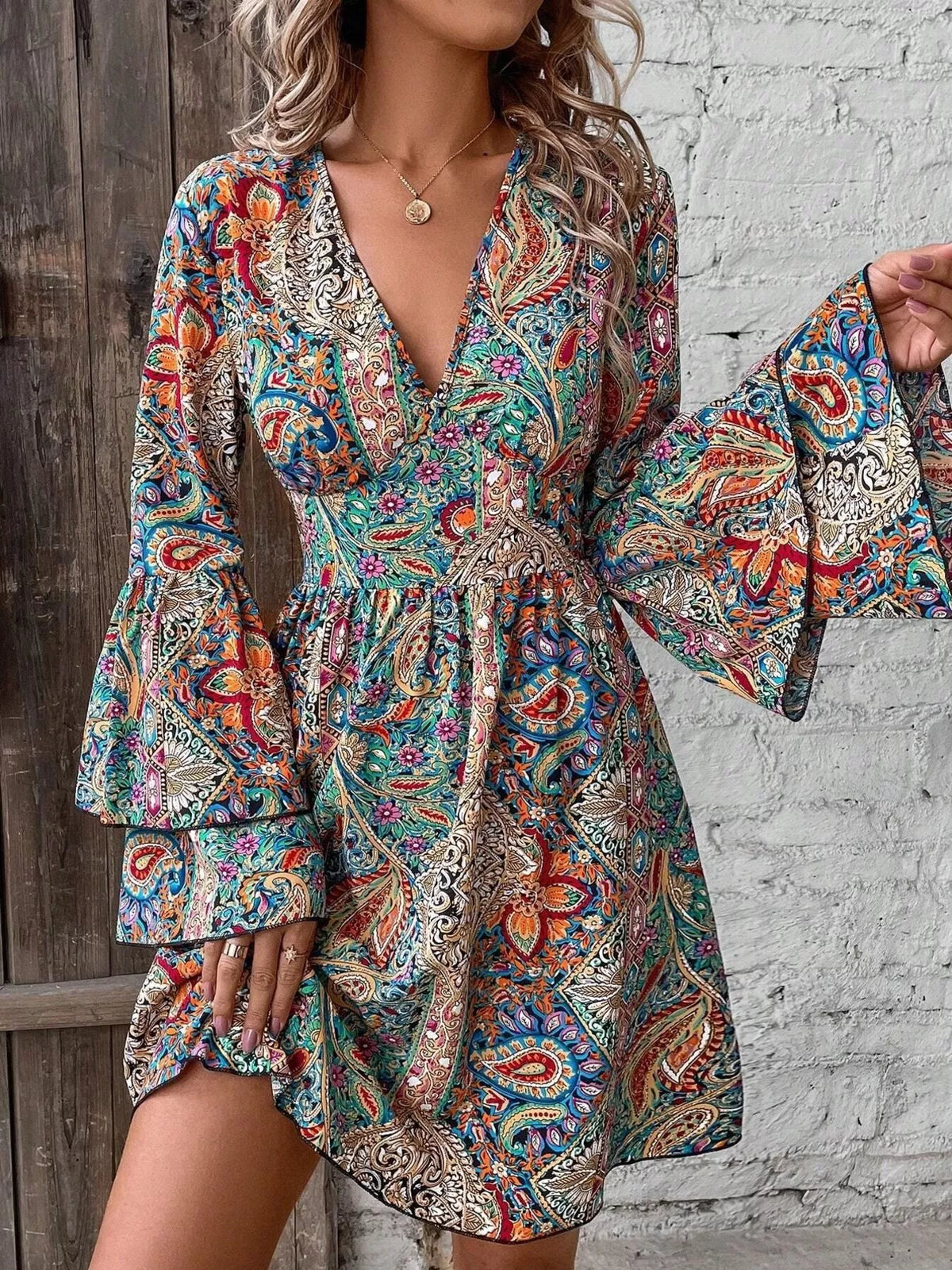 Women's Paisley V-Neck Bell-Sleeve Mini Dress