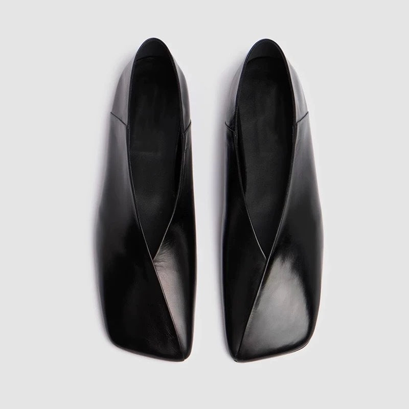 Women's French-Style Genuine Leather Square-Toe Flat Shoes - Elegant Slip-On Dress Flats