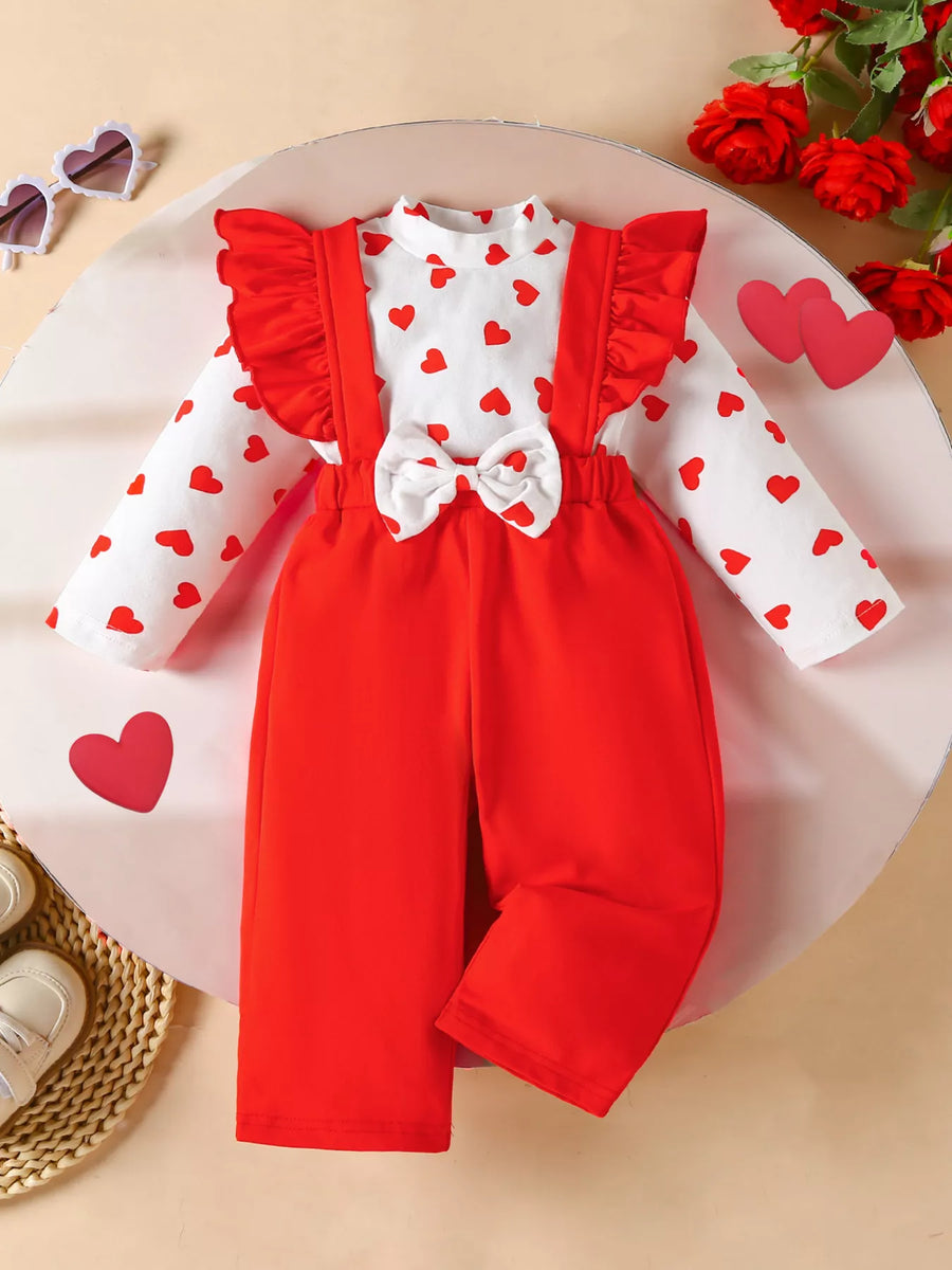 Heart-Print Baby Top & Suspender Pants Set — Red