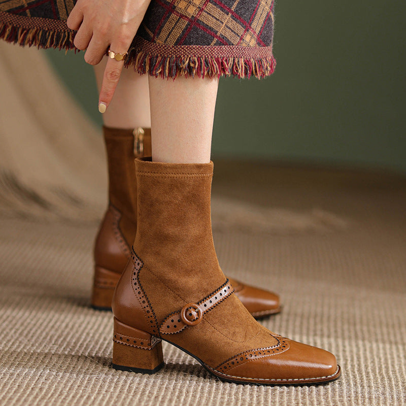 Women's Square Toe Chunky Heel Boots – Vintage Style Side Zipper | Black & Khaki
