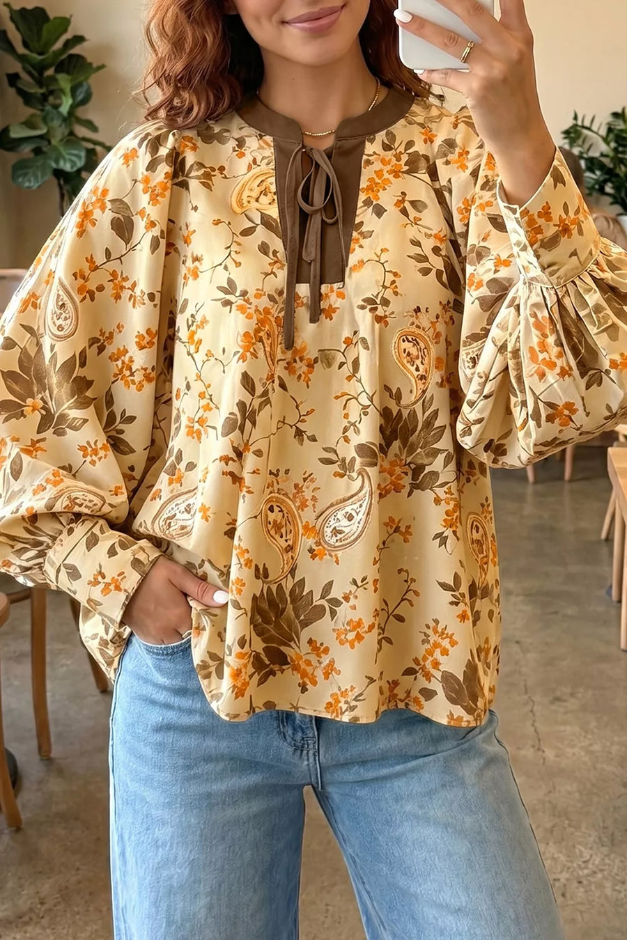 Paisley Tie-Neck Long-Sleeve Shift Top — Tan
