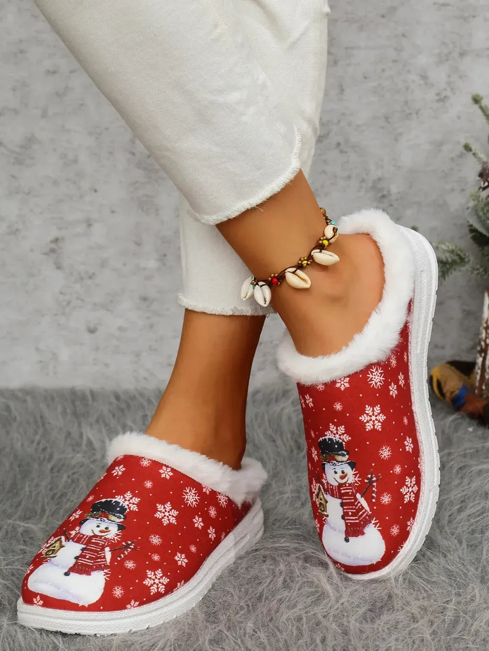 Snowman Print Faux Fur Flat Slippers — photo 7