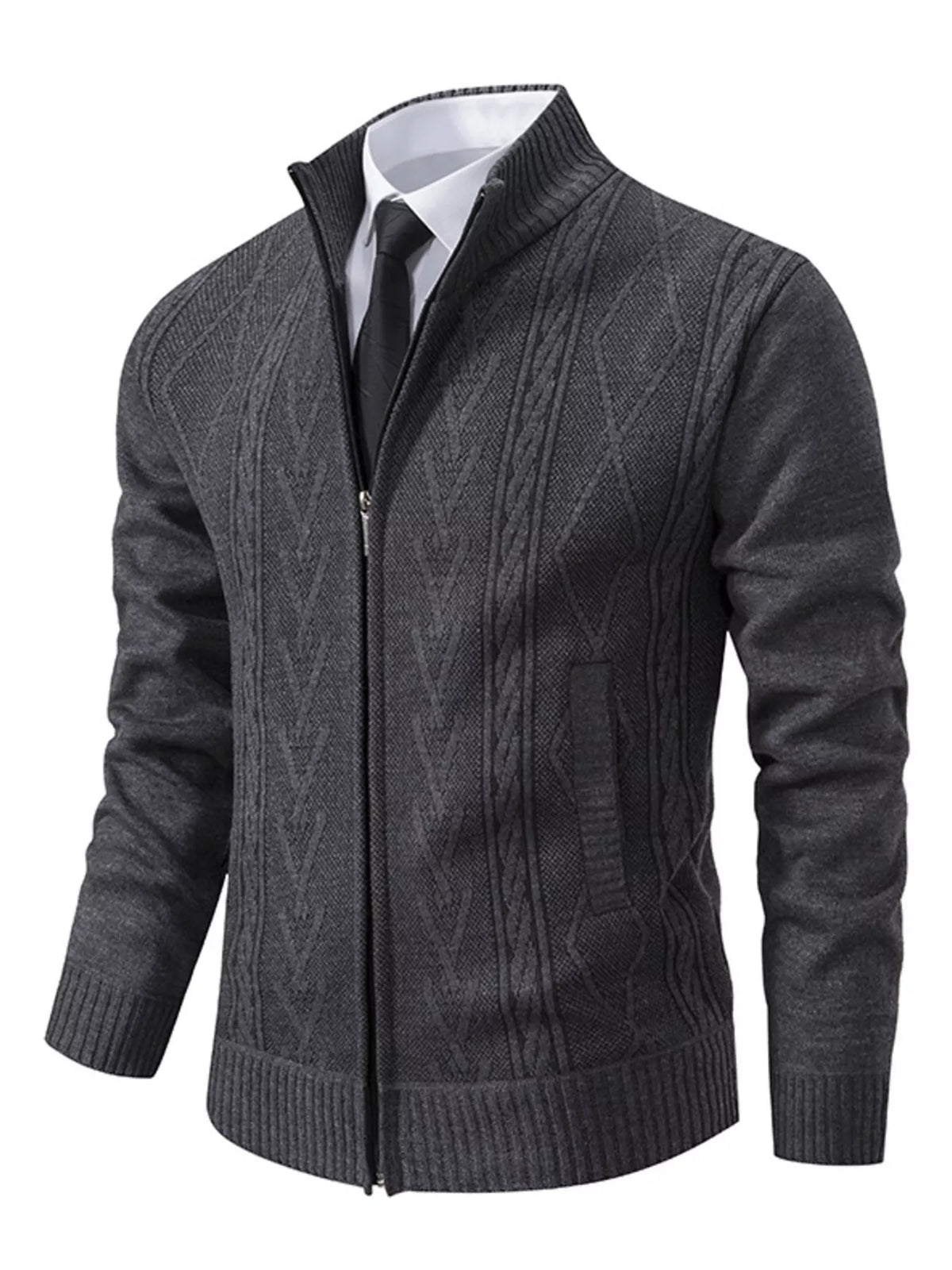 Men's Plus Size Stand-Collar Cable-Knit Zip Cardigan