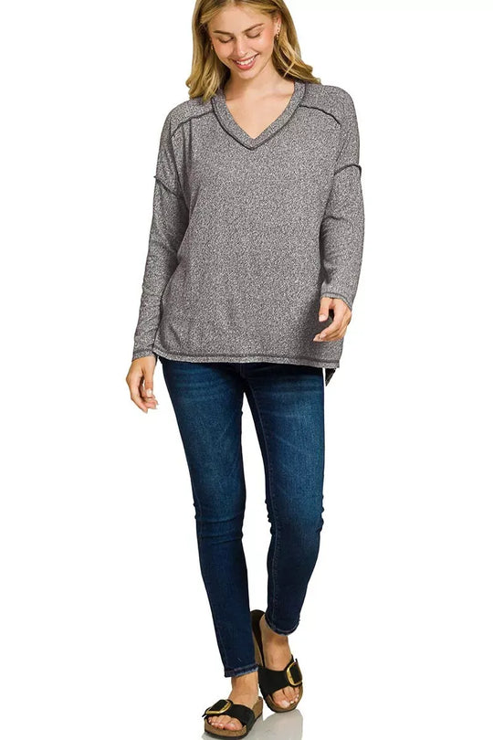 Another view: Soft Melange Hacci Exposed Seam High-Low Tee — Black