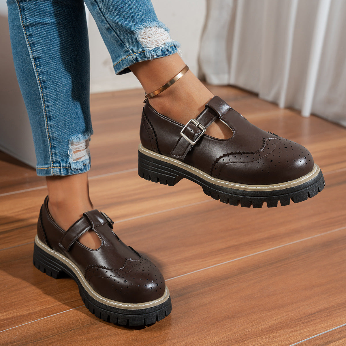 Women's Retro British Chunky Heel Pumps | Hollow-Out Buckle Loafer Shoes