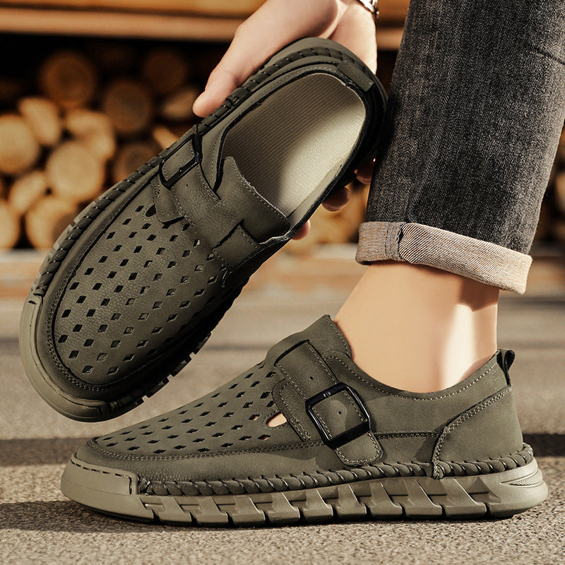 Men's Breathable Casual Leather Shoes | Stitched Buckle Low-Top Sneakers